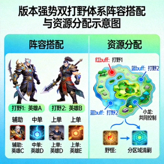 版本强势双打野体系阵容搭配与资源分配示意图