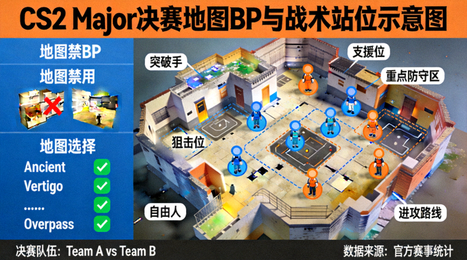 CS2 Major 决赛地图BP与战术站位示意图