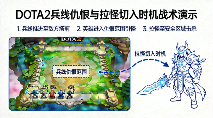 DOTA2兵线仇恨与拉怪切入时机战术演示画面