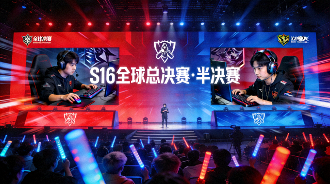 S16全球总决赛半决赛现场大屏与选手对战画面