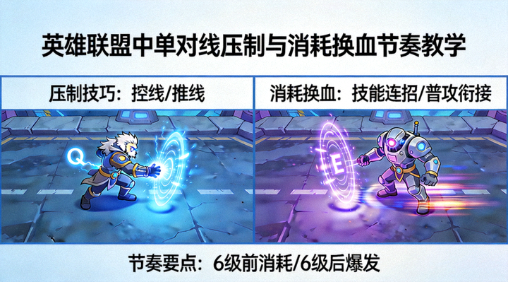 英雄联盟中单对线压制与消耗换血节奏教学画面
